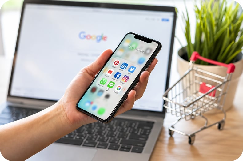 A hand holding a cell phone that is on the home screen, with a desktop screen on Google in the background, about to search the top four channels for their physical therapy clinic marketing