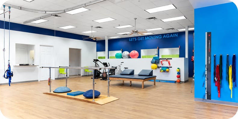 The interior of a private practice physical therapy office workout room. 