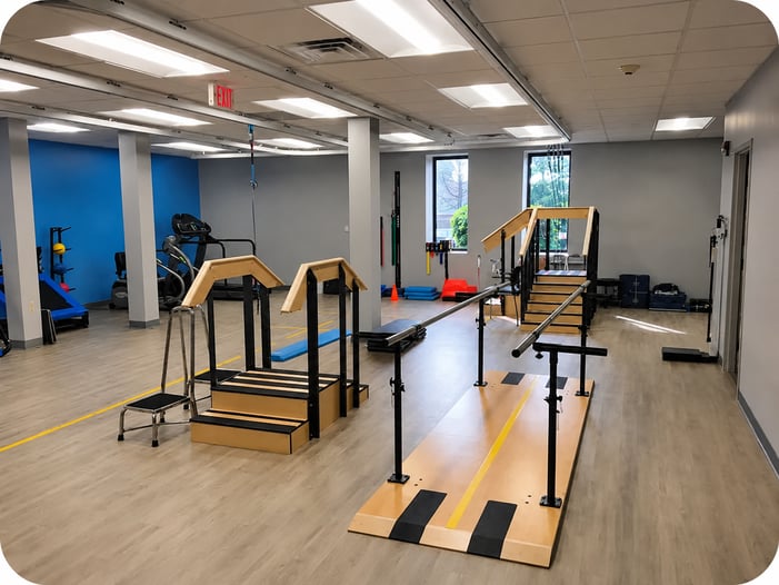 A FYZICAL therapy gym with balance training equipment, parallel bars, and rehabilitation stations.