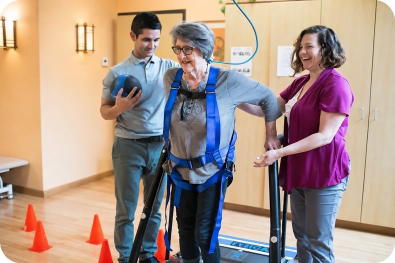 A therapist helping elderly woman patient regain her balance while walking. 