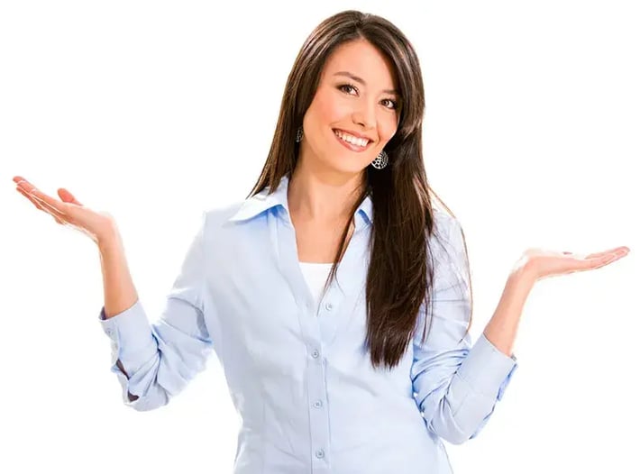 Indecisive business woman with arms open Ã?Â¢?? isolated over white