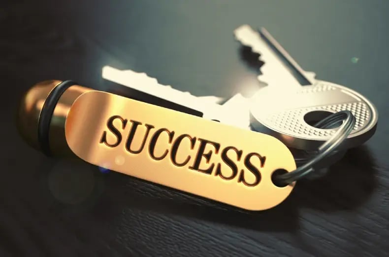 Keys to Success - Concept on Golden Keychain over Black Wooden Background. Closeup View, Selective Focus, 3D Render. Toned Image.