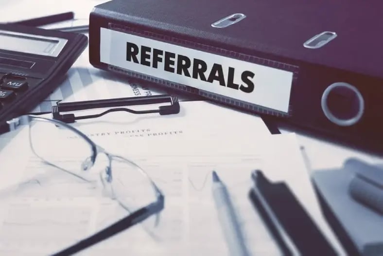 Referrals - Ring Binder on Office Desktop with Office Supplies. Business Concept on Blurred Background. Toned Illustration